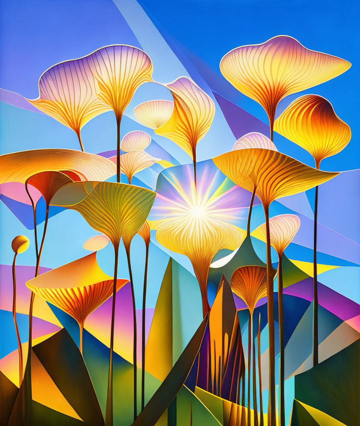 Abstract, Colorful Plant Painting with Sunburst and Gradient Sky