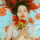 Vibrant painting of woman with green hair and orange flowers on white dress