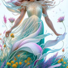 Fantastical female figure with floral crown in magical setting.