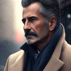 Gray-Haired Man in Beige Overcoat and Scarf Contemplating Snowy Cityscape