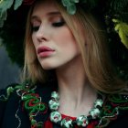 Woman with Curly Hair in Flower-Adorned Hat and Floral Clothes