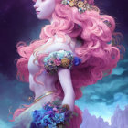 Fantastical illustration of woman with pink hair in ethereal attire and floral adornments on cosmic backdrop