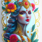 Whimsical painting of woman with flower and butterfly crown in soft pastel hues