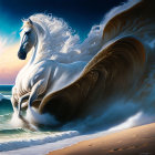 White horse with flowing mane emerges from cresting wave on beach at dusk