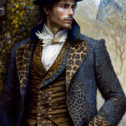 Stylized portrait of man in leopard-print jacket with leopard in background