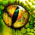 Colorful digital artwork: intricate eye shape with fractal patterns and bright light on green leaf background