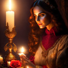 Vintage dress woman contemplates by candles and roses