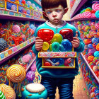 Child with oversized lollipop in colorful candy aisle