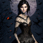 Gothic female figure in black dress under full moon