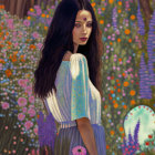 Surreal female figure with blue eyes in whimsical environment