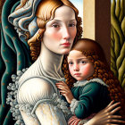 Classic Art: Woman and Child in Serene Pose with Detailed Clothing