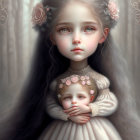 Digital artwork: Young girl with blue eyes, grey hair, pink roses, holding matching doll