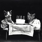 Colorful Patterned Kittens with Birthday Cake on Floral Table