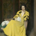 Elegant Woman in Yellow and Green Gown at Circular Doorway