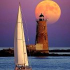 Colorful Surrealist Sailboat Artwork with Moons and Island House