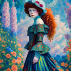 Illustration of woman in blue floral dress near windmill