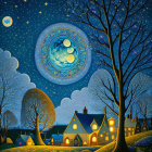 Starry night sky painting with crescent moon, swirling clouds, tree, and village