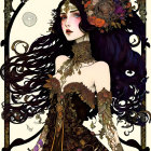 Illustrated woman with dark hair, floral headdress, tattoos, brown dress, golden backdrop