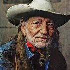 Elderly Man Mosaic Artwork with Cowboy Hat, Beads, and Feathers