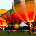 Vibrant hot air balloons inflate at dusk with festival lights