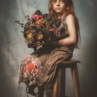 Woman Holding Colorful Flower Basket by River with Greenery