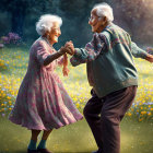 Elderly couple dancing in sunny field with flowers