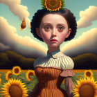 Surreal portrait of girl with large eyes and sunflower elements