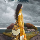 Woman in yellow dress and hat standing in field with flowers and rural landscape in background