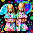 Colorful artwork: Twin girls with multicolored hair and dresses under blue umbrella