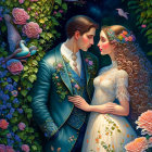 Illustrated couple embraces in vibrant garden with roses and birds