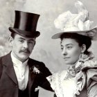 Victorian-style Wedding Portrait: Groom in Top Hat, Bride in White Gown with Flowers,