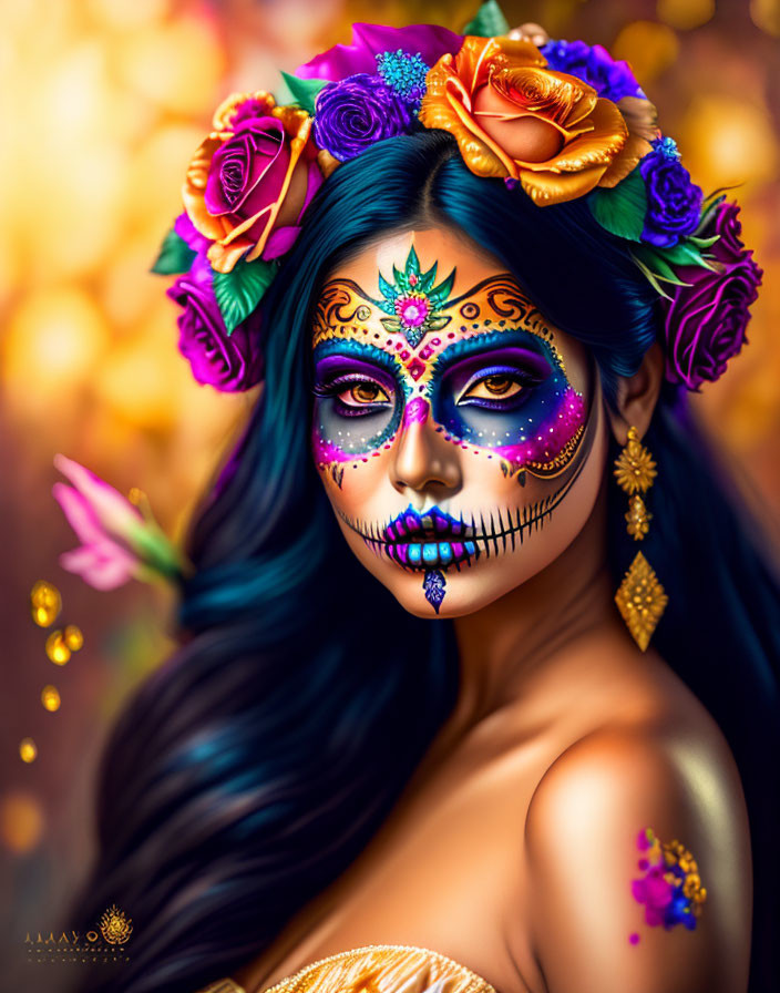 Colorful Day of the Dead makeup with floral crown and skull motifs