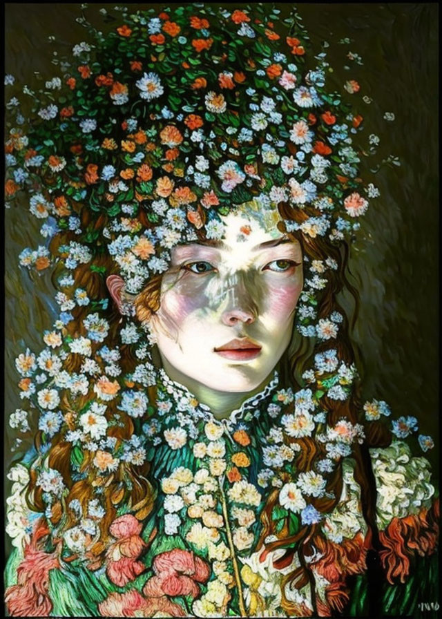 Portrait of a person with floral headpiece and garment in greens, whites, and reds