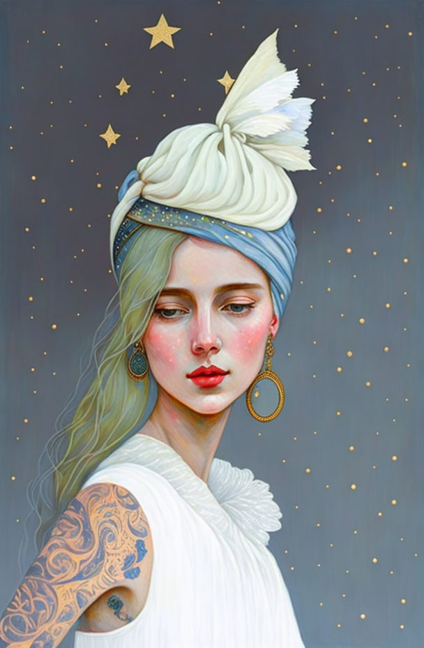 Portrait of woman with pale skin, white hair, blue headscarf, golden details, earrings,