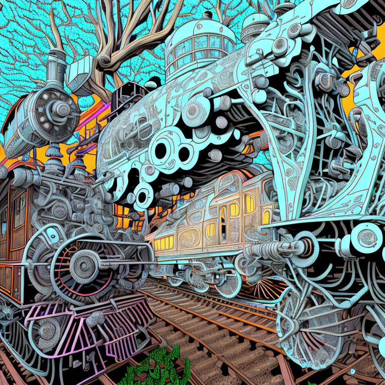 Detailed Surrealist Digital Illustration of Mechanical Steam Train