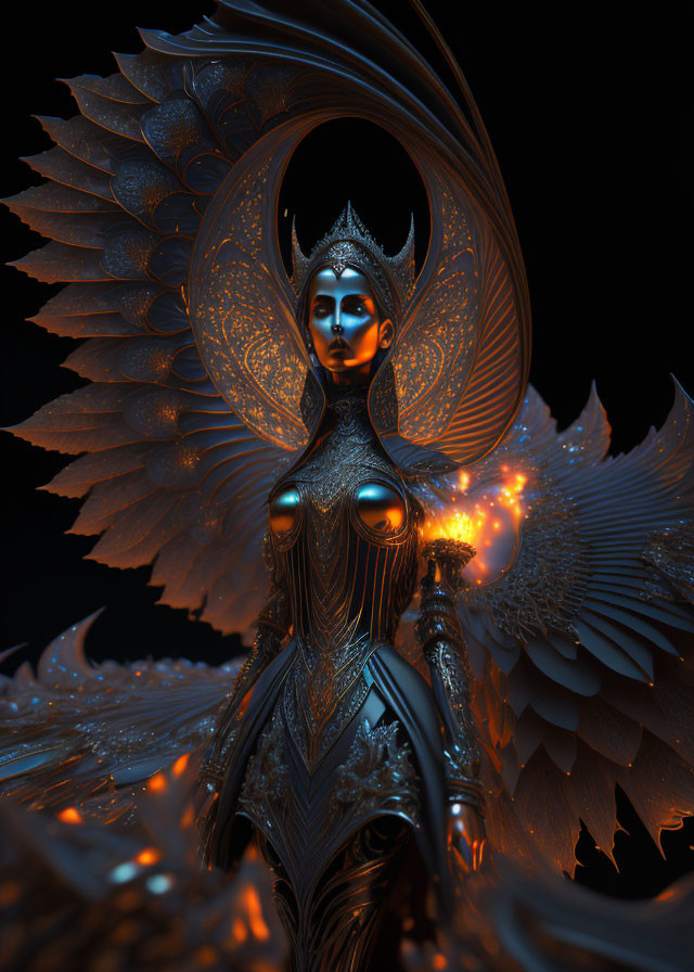 Futuristic female figure with glowing eyes and intricate armor in ornate setting