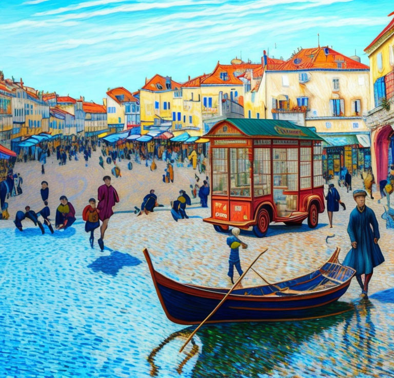 Vibrant market scene with red kiosk, boat, and cobblestone street