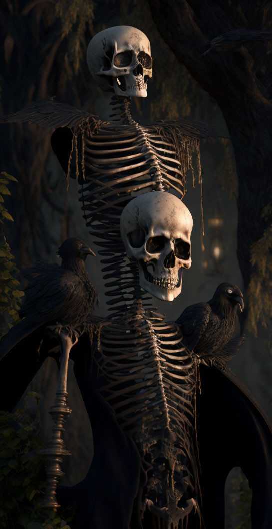 Skeleton with Two Skulls in Dark Forest with Ravens