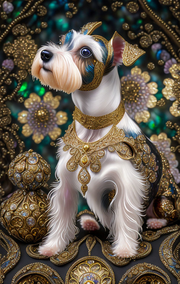 Regal Small Dog with Golden Headpiece and Necklace on Intricate Background