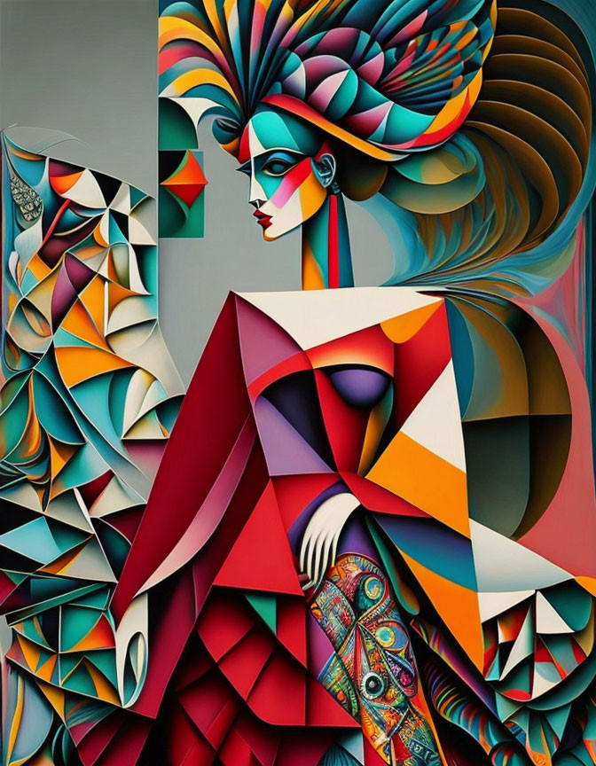 Abstract portrait of stylized woman with colorful geometric patterns.