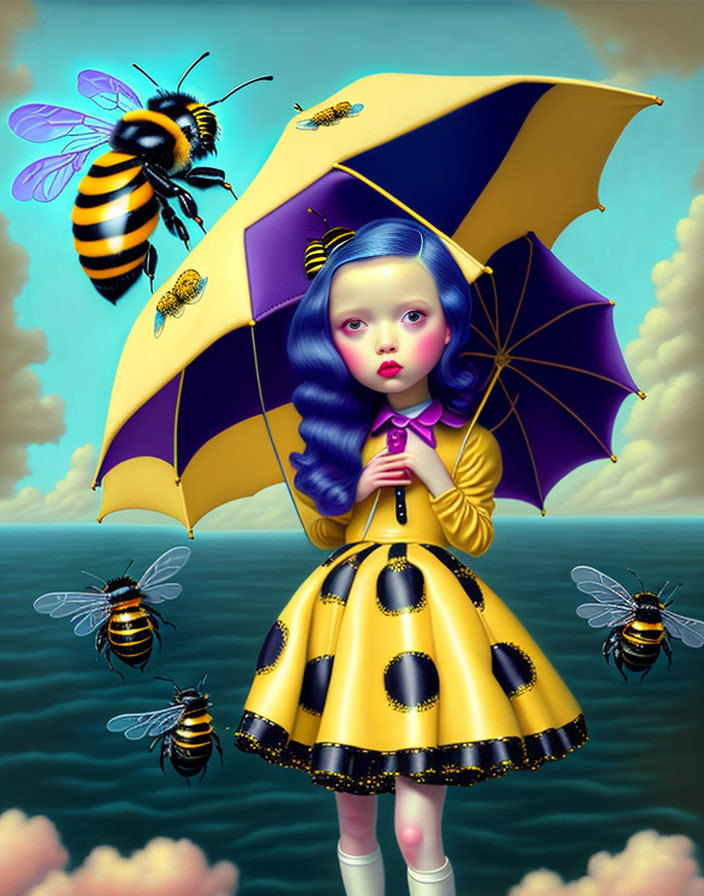 Stylized illustration of a girl with blue hair holding umbrella surrounded by bees