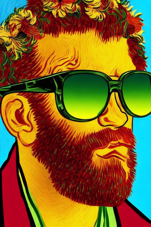 Man with Curly Beard and Sunglasses in Red Jacket on Turquoise Pop Art Background