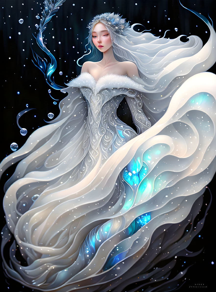 Ethereal illustration of woman in silver-white garb against starry backdrop