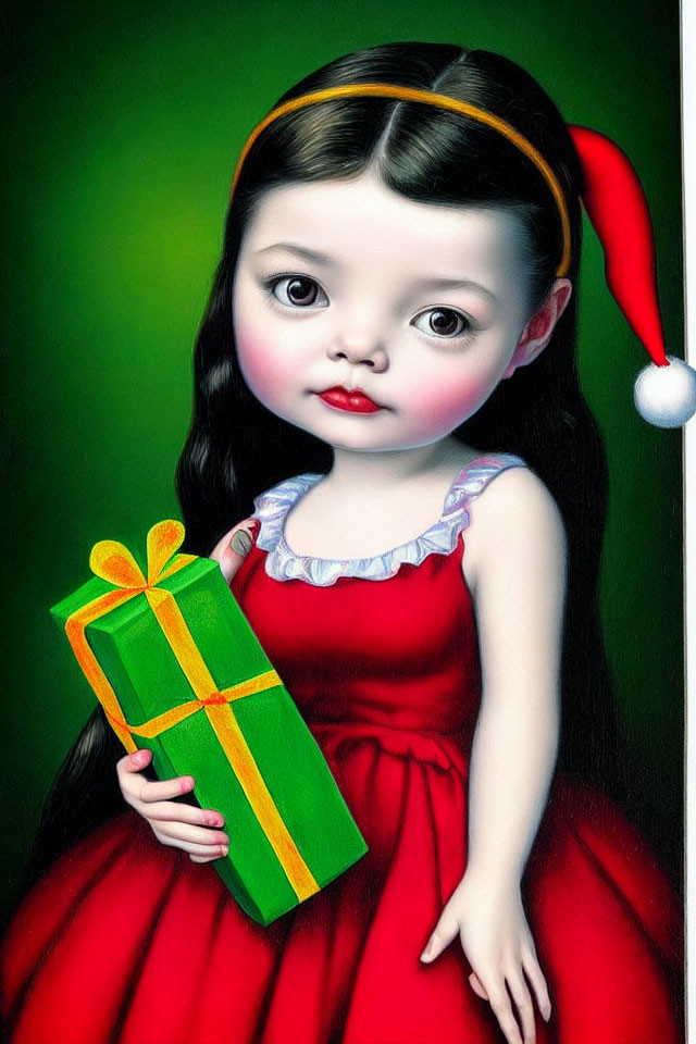 Portrait of young girl in red dress with large eyes, holding green gift