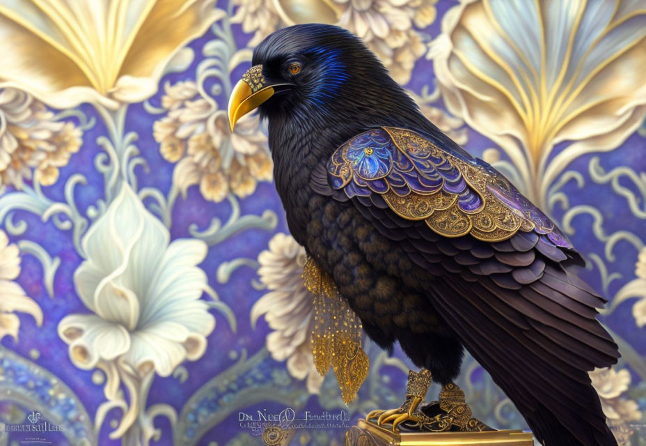 Detailed digital artwork: Majestic raven with golden and purple embellishments perched on golden structure against