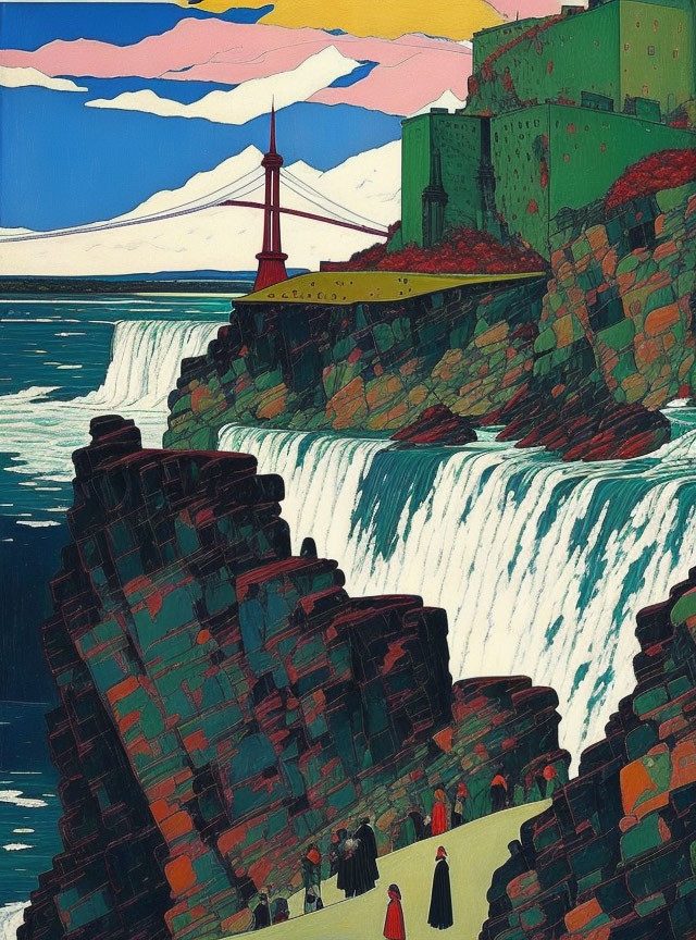 Coastal city illustration with waterfall, cliffs, buildings, red bridge, and mountain.