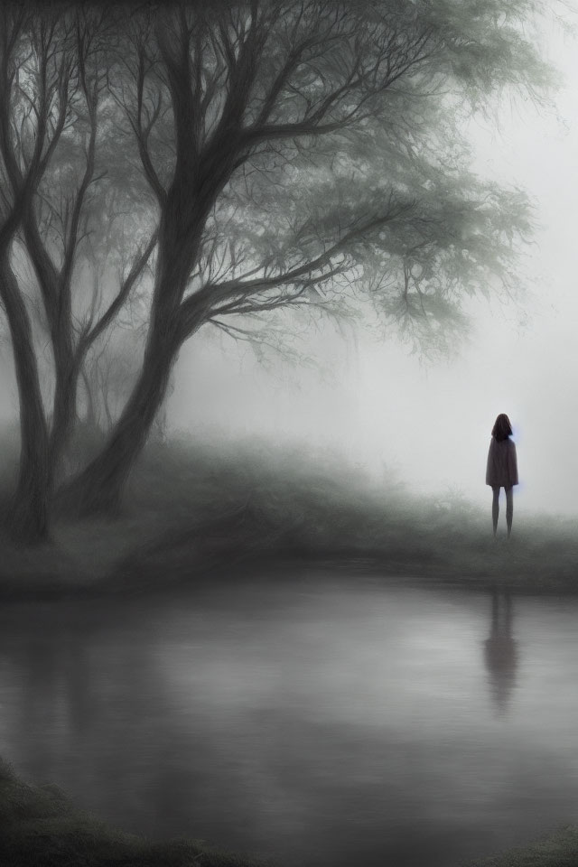 Mysterious figure by tranquil water in foggy forest.