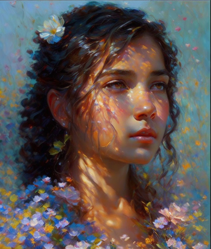 Young woman portrait with wistful expression and vibrant floral blooms in impressionistic style