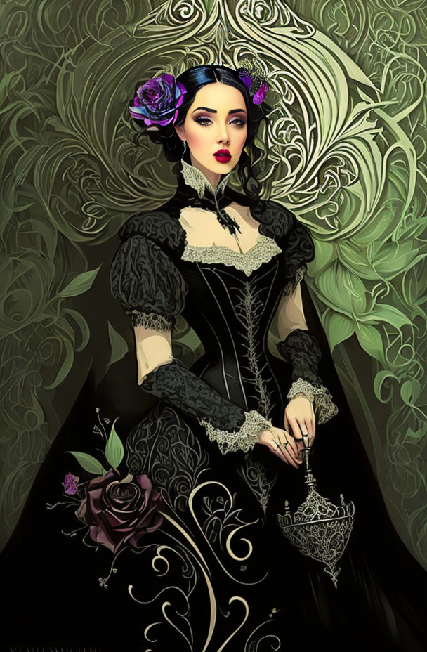 Stylized portrait of woman in dramatic makeup and Victorian dress