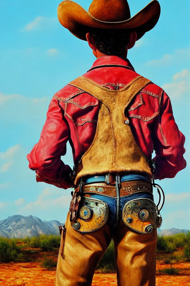 Cowboy with large hat and holstered gun in desert landscape under blue sky